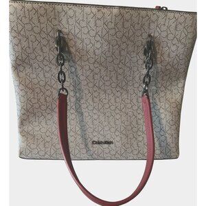 Calvin Klein Signature-Print Beige/Red Tote‎ Bag With Chain Handles Retired